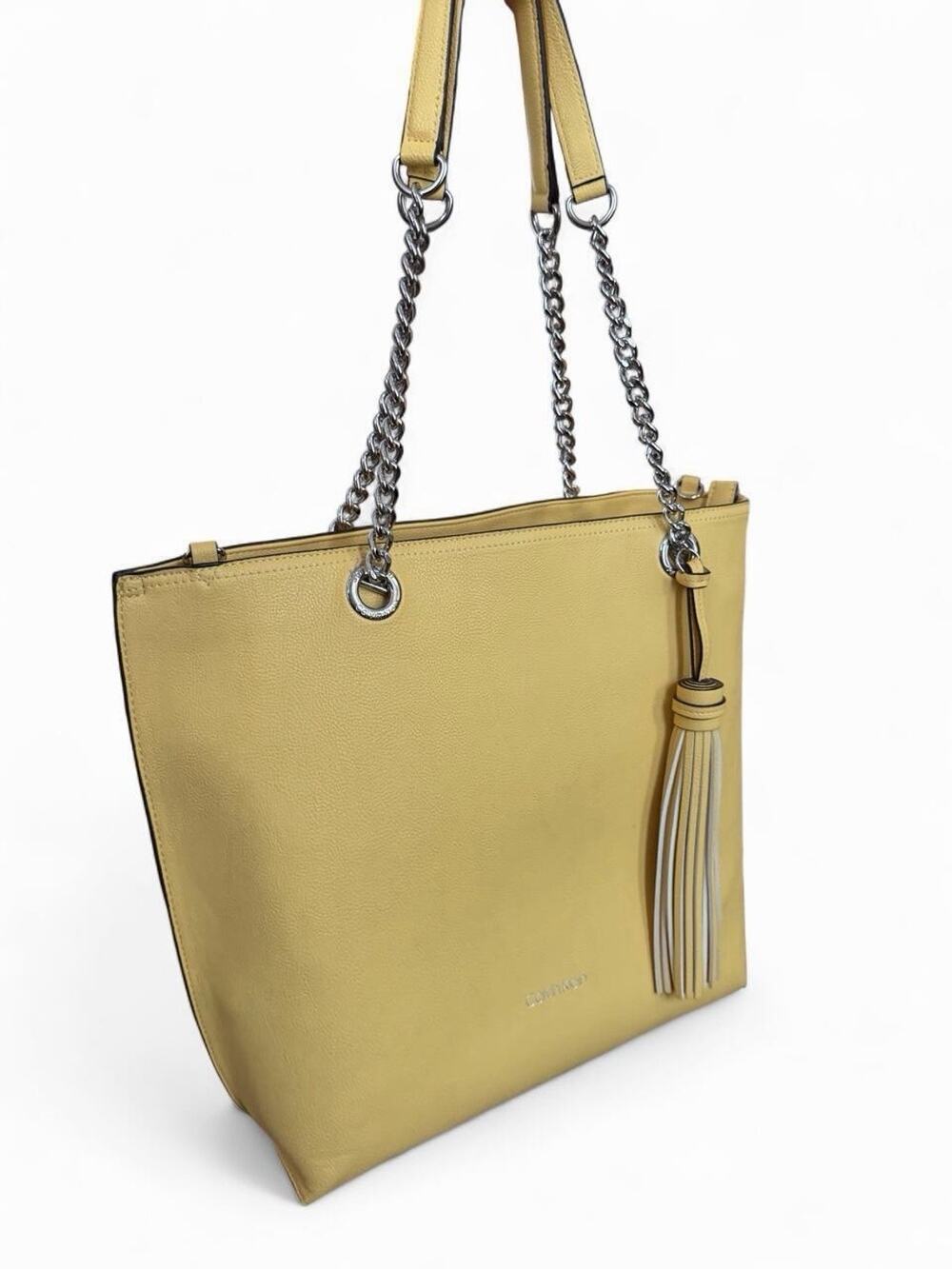 Calvin Klein Light Yellow Tote Shoulder Bag Chain Strap Zip Inner Pockets